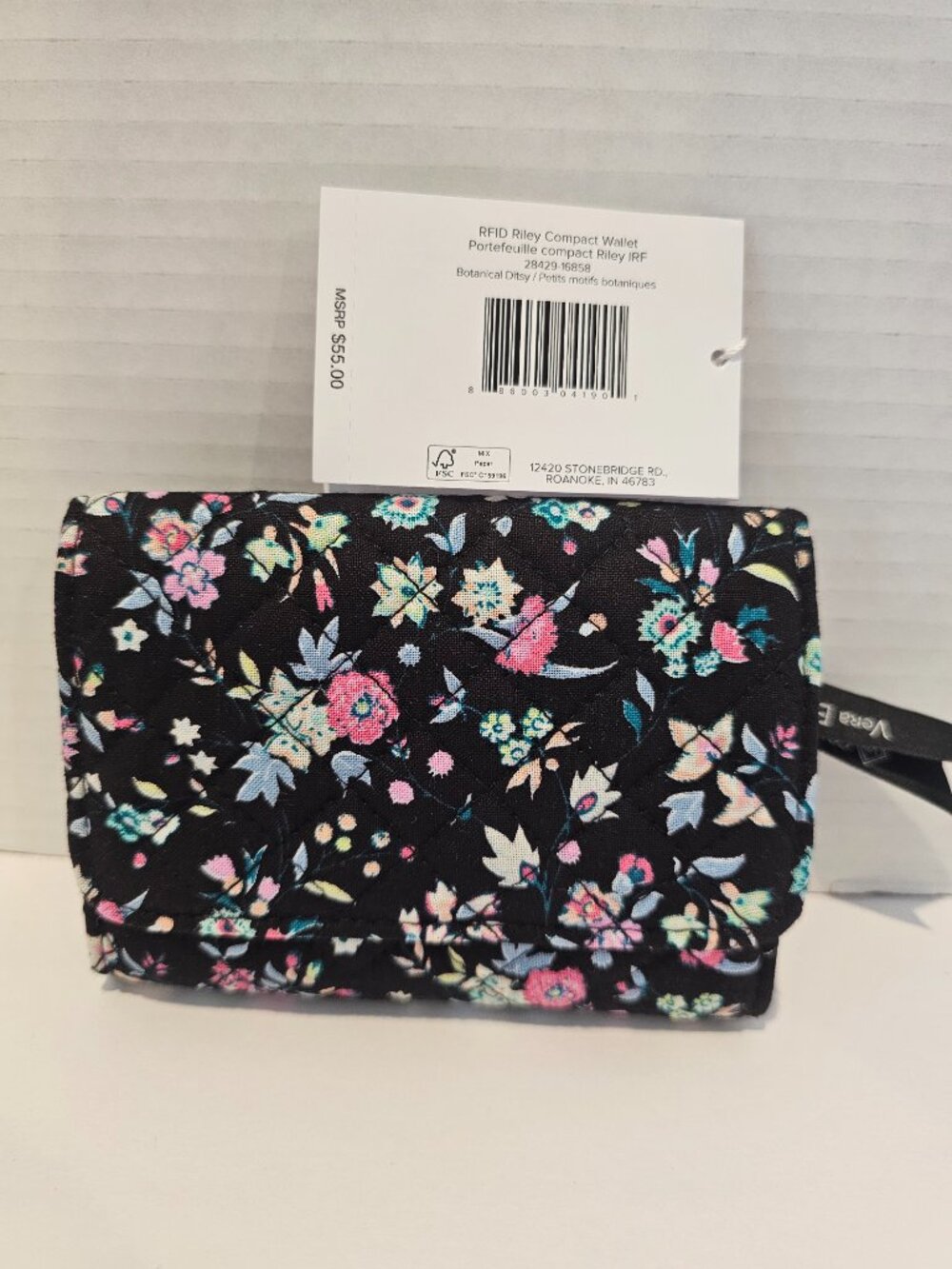 NWT RFID Riley Compact Wallet Botanical Ditsy Flowers Black Leaves Breast Cancer - Picture 6 of 13